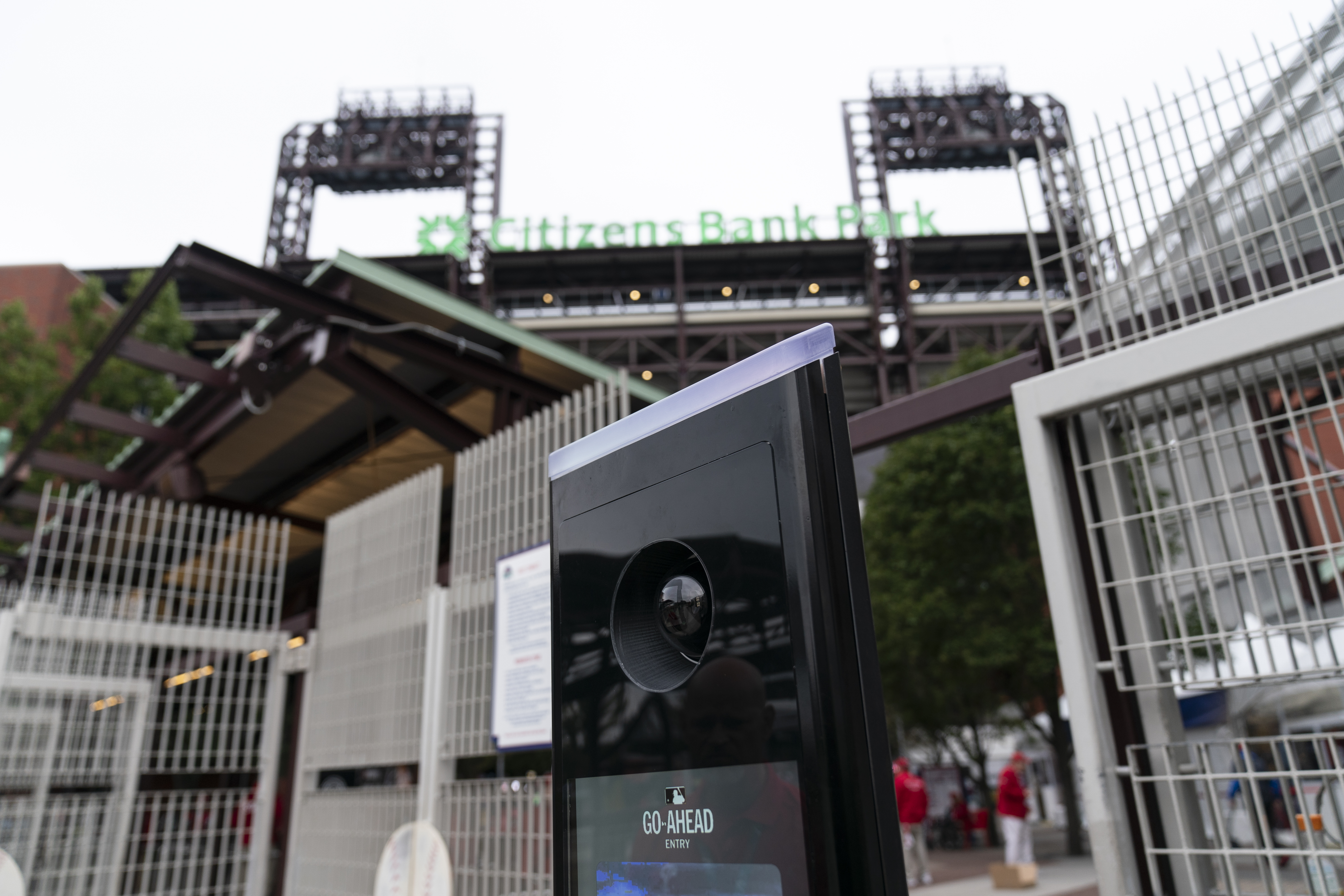 A facial scan camera is seen at Citizens Bank Park ahead of a baseball game between the Philadelphia Phillies and the Pittsburgh Pirates, Thursday, Sept. 28, 2023, in Philadelphia. (AP Photo/Matt Rourke)