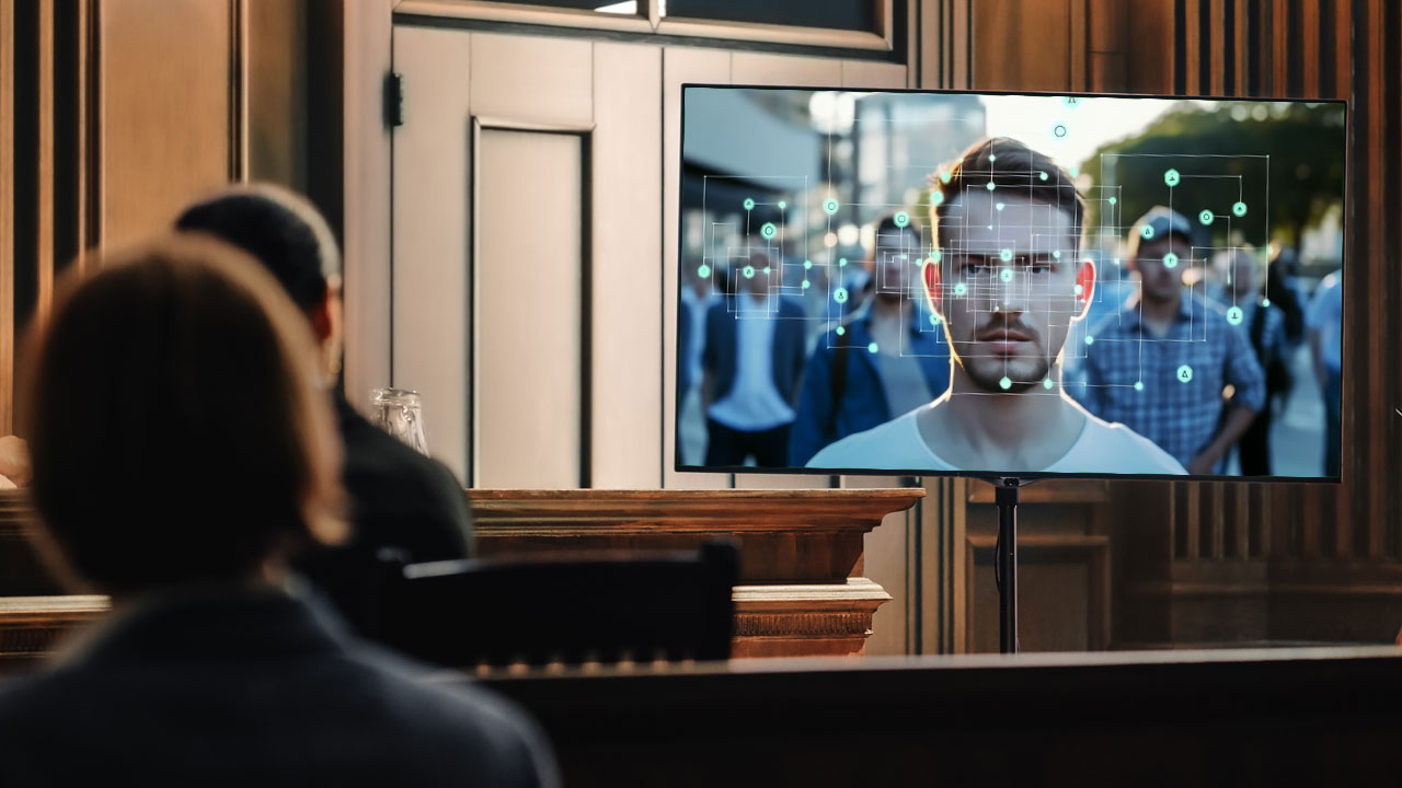 Deepfake shown on a TV Screen in a Court room, generic